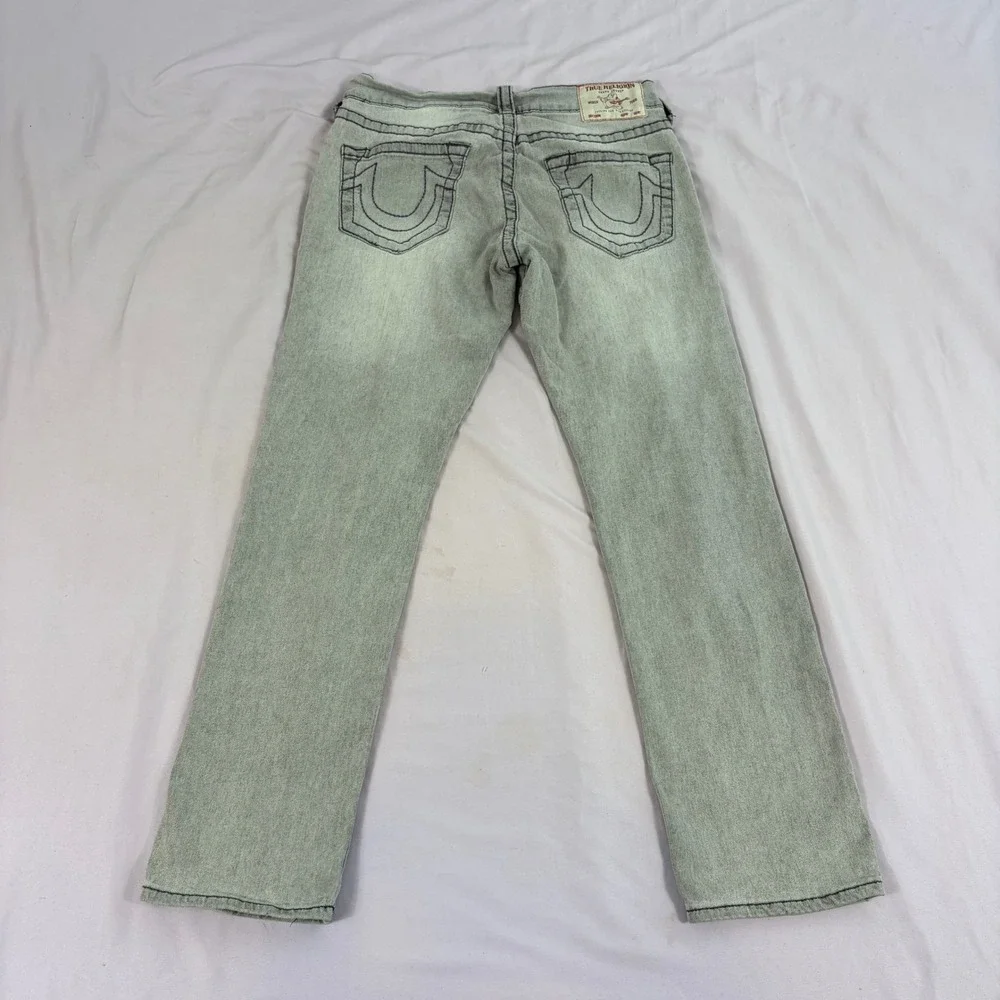 True Religion Mens Geno Jeans Grey Wash‎ 31 Slim Straight Horseshoe Stitch Denim